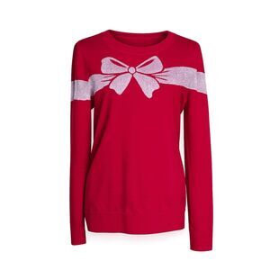 LOFT FESTIVE DRESSY PARTY RED KNIT SWEATER WITH SILVER BOW DESIGN ON FRONT SMALL